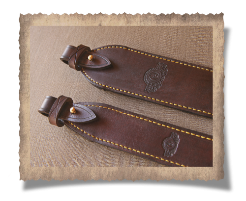 The Graaff-Reinet Leather Rifle Sling 65mm, yellow stitching, logo, leather product, brass stud, handcrafted, leather sling