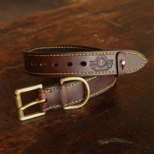 The Simonstown Dog Collar - 38mm Wide, leather products, brass finishes, holes, logo, yellow stitching, handcrafted