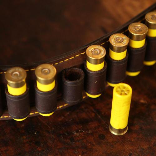 The Rouxville Shotgun Cartridge Belt, cartridges, yellow, yellow stitching, leather products, leather belt, handcrafted