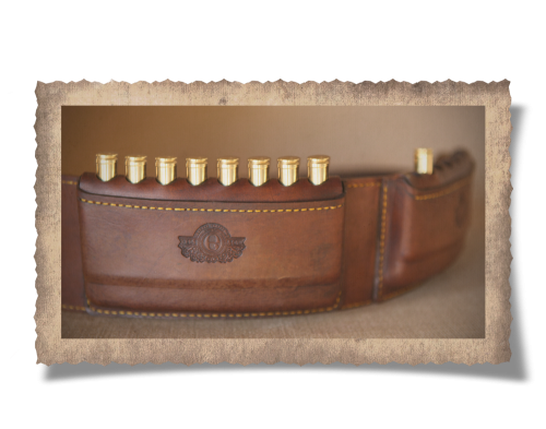 The Cradock Culling Belt, cartridges, hunting belt, leather products, logo, yellow stitching, culling belt