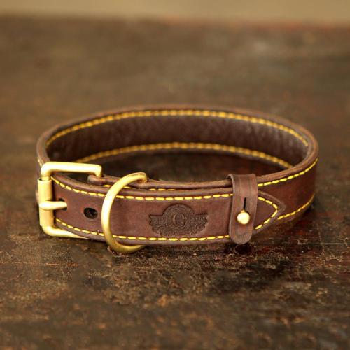 The Simonstown Dog Collar - 25mm Wide, bras finishes, logo, collar, yellow stitching, leather products, holes