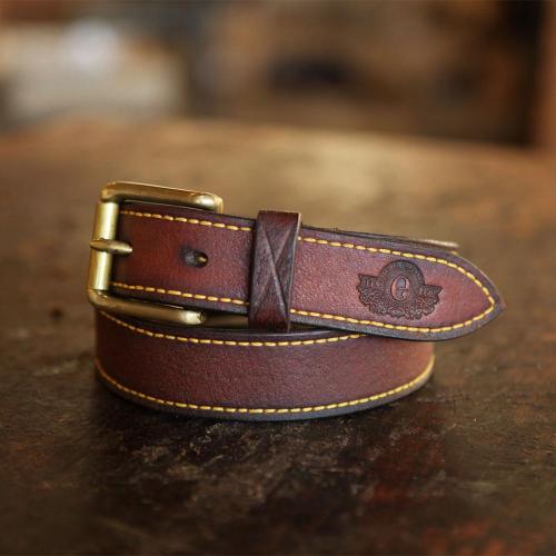 The Middelburg Leather Waist Belt, leather products, handcrafted, logo, yellow stitching, brass buckle, logo