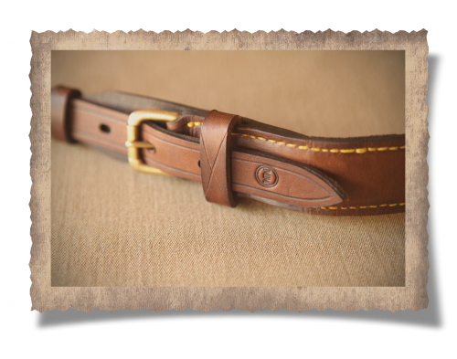 The Graaff-Reinet Leather Rifle Sling 65mm, leather products, brass buckle, yellow stitching, initials, handcrafted