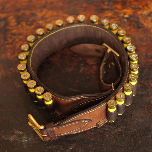 The Rouxville Shotgun Cartridge Belt, cartridges, yellow, yellow stitching, leather product, handcrafted, brass buckle
