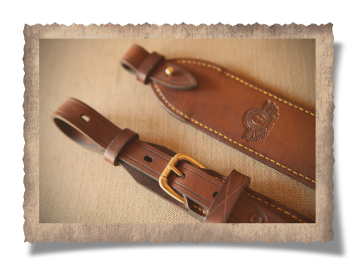 The Graaff-Reinet Leather Rifle Sling 65mm, leather slings, brass buckle, embossing, yellow stitching