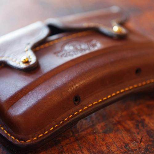The Somerset Classic Cartridge Pouch, leather products, logo, holes, yellow stitching, brass studs, handcrafted