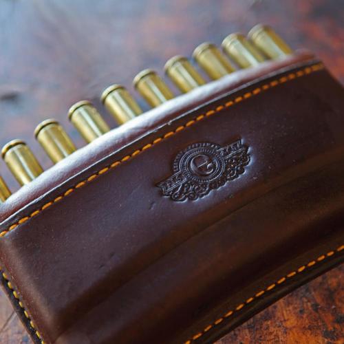The Somerset Open Cartridge Pouch, logo, leather products, cartridges, yellow stitching, handcrafted