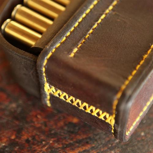 leather pouch, embossing, initials, cartridge pouch, cartridges, yellow stitching, hunting, brass buckles