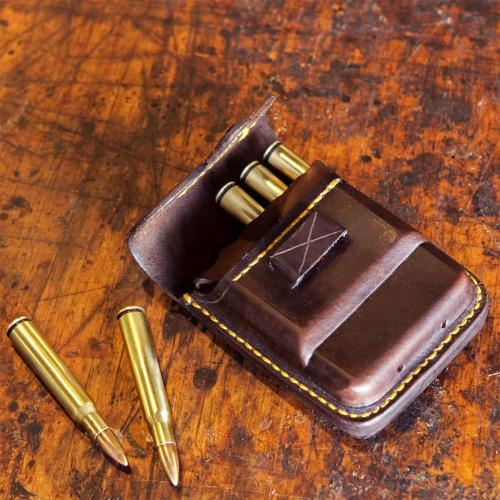 cartridge pouch, leather, hunting accessories, cartridge, bullets, yellow stitching, handcrafted, leather merchant, leather merchants